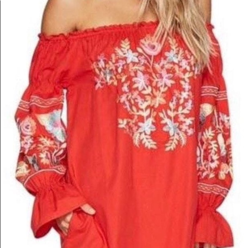 Red Off-The-Shoulder Floral Free People Dress - Picture 3 of 5